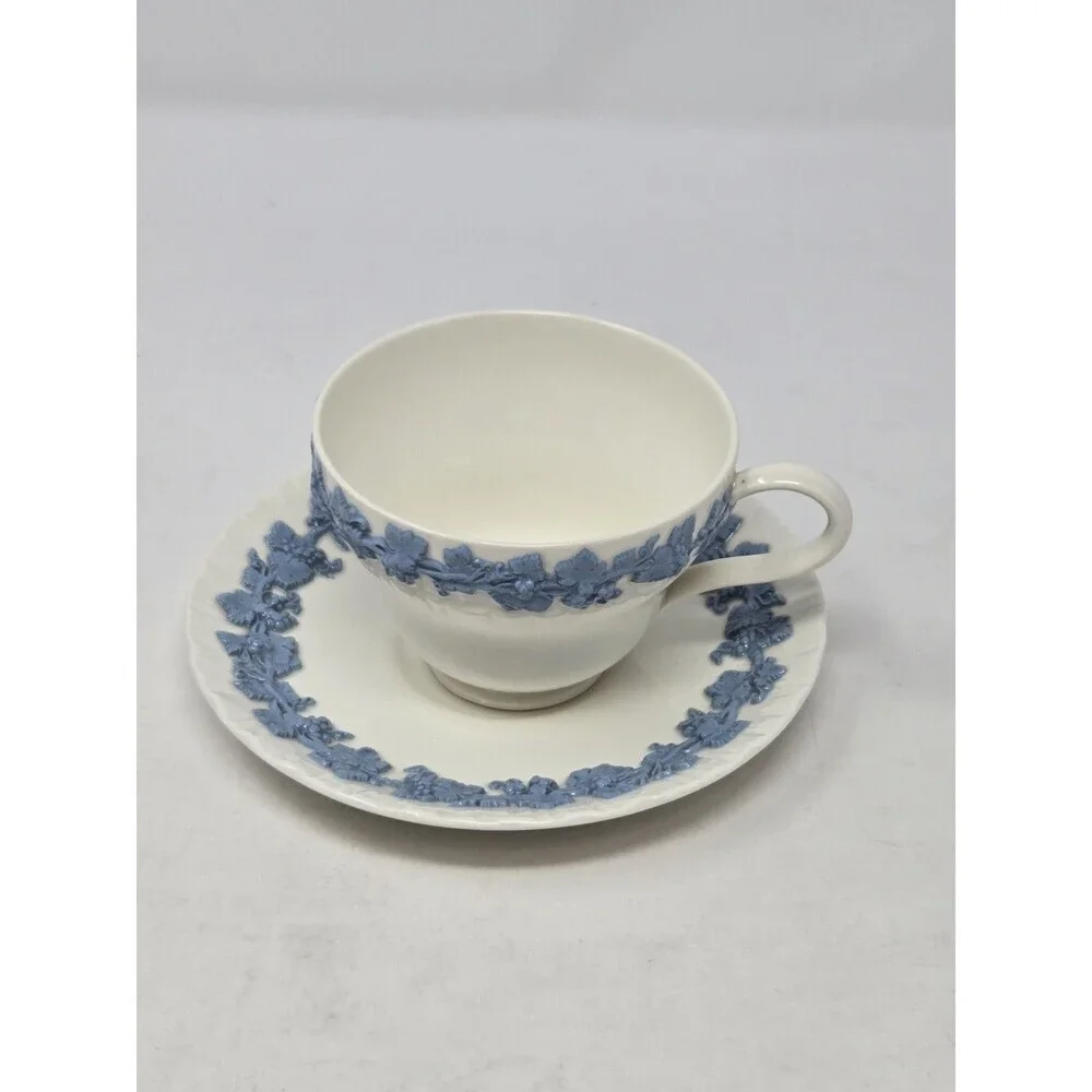 VINTAGE WEDGWOOD EMBOSSED QUEEN'S WARE WHITE & BLUE TEA CUP & SAUCER SET KITCHEN